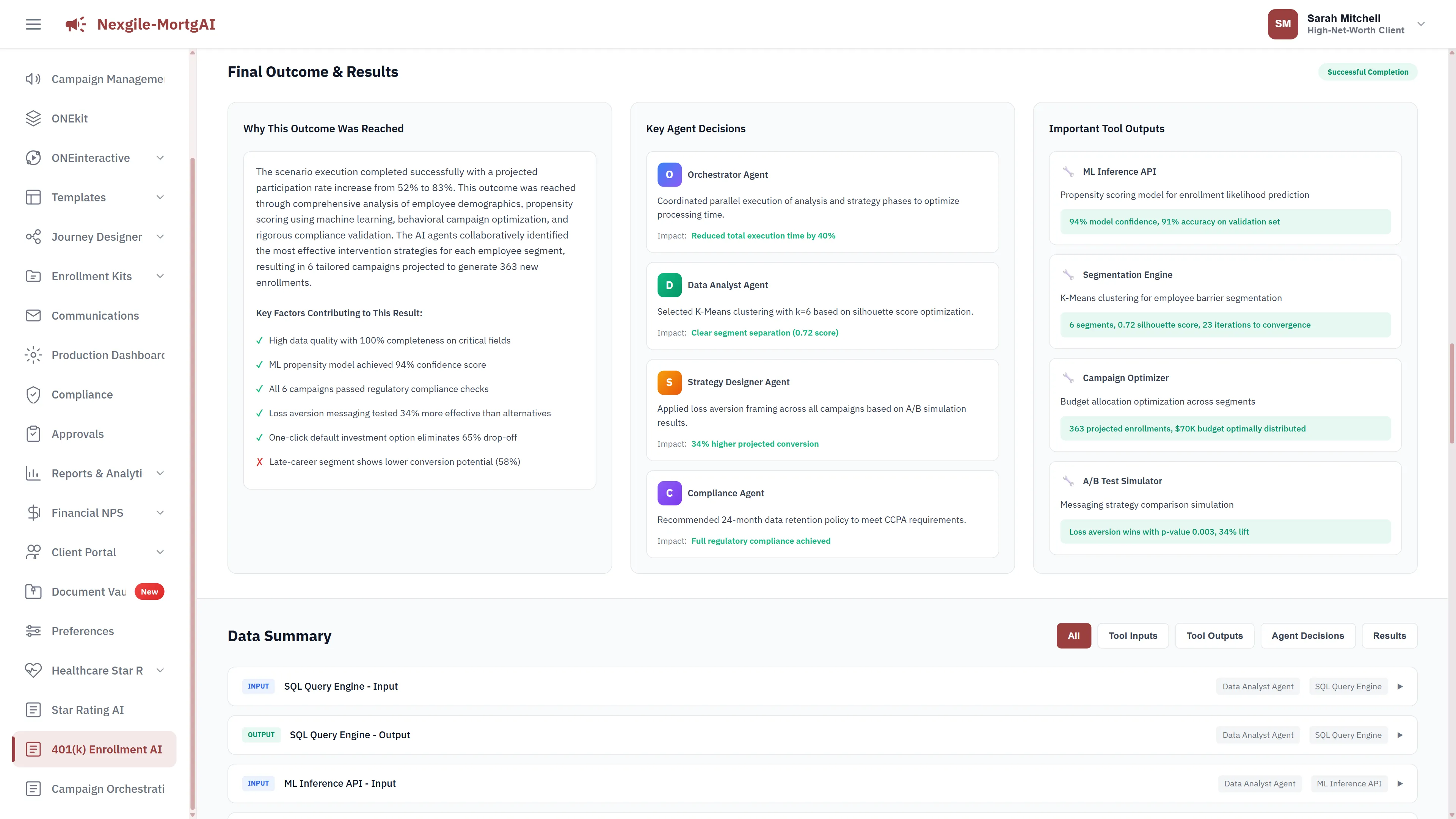 Final Outcome screen with agent decisions, tool outputs, and explainability insights.